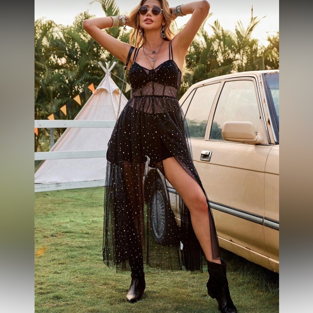 Sheer sequin glitter black gold mesh maxi dress festival boho western modern - Picture 5 of 7